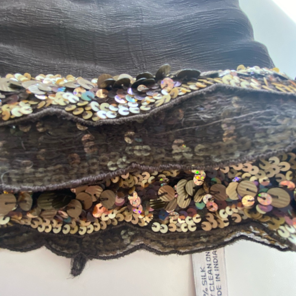 Oscar de la Renta 100% silk shawl, scarf wrap, beaded, made in India dark brown - Picture 6 of 16